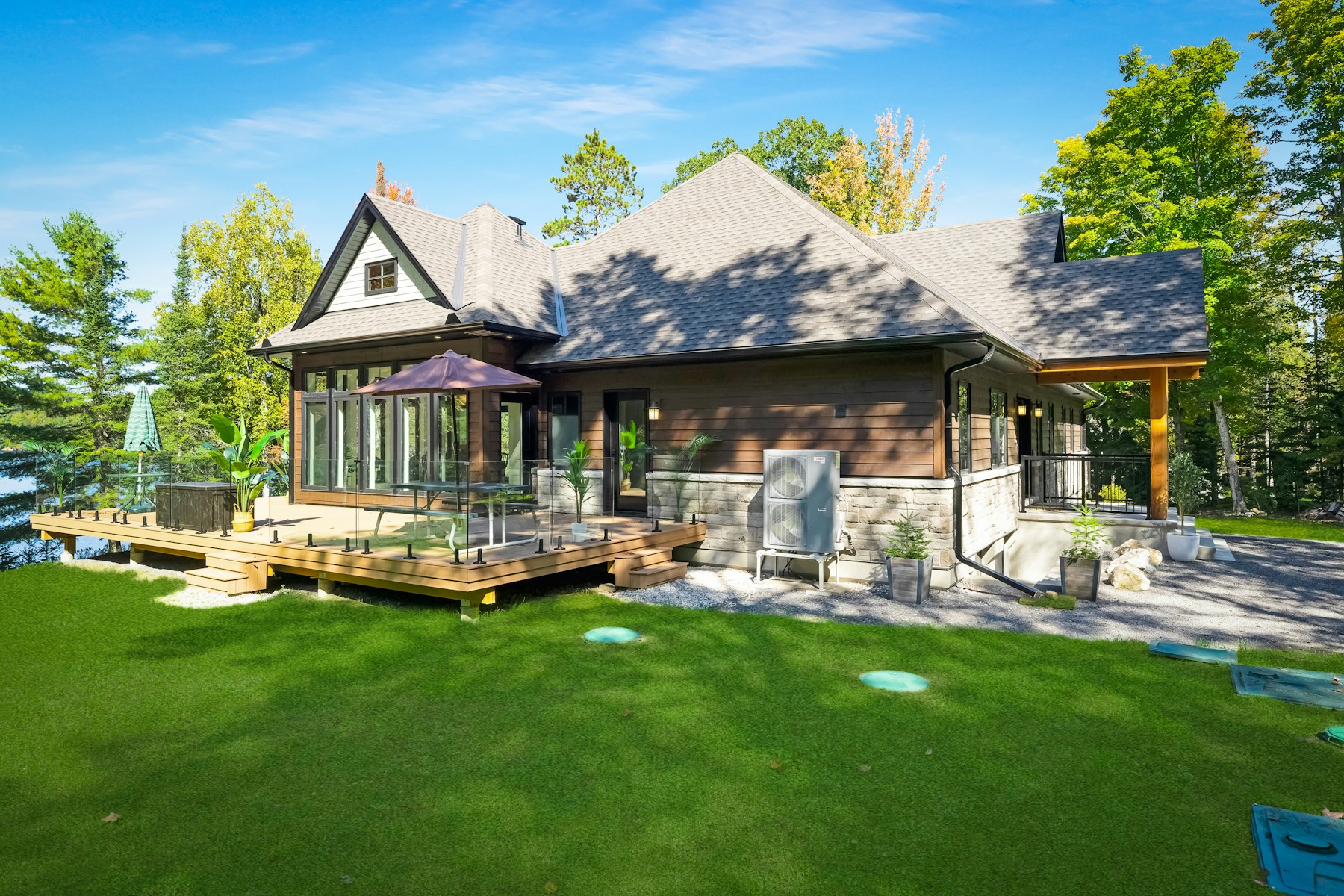 Expansive lakeside deck overlooking the water
