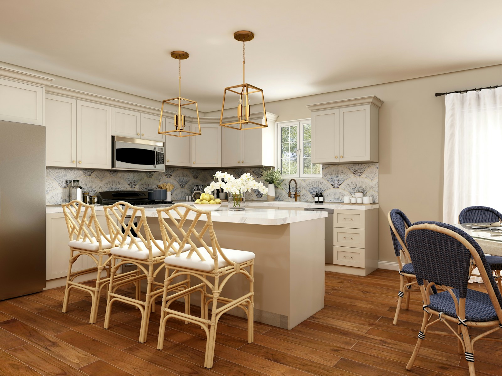 Warm renovated kitchen with island seating and brass pendants